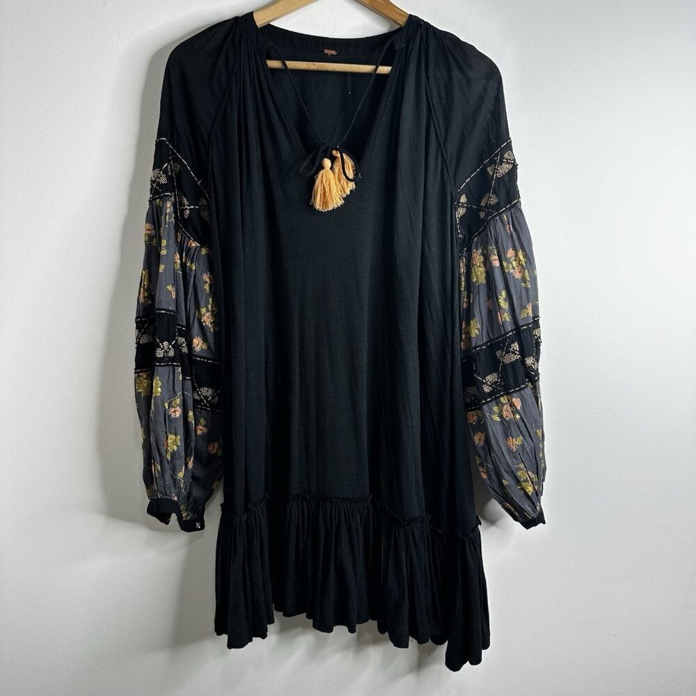 Free People Mix It Up Black Tunic Dress‎ Large Boho Floral Balloon Sleeve - Picture 6 of 16